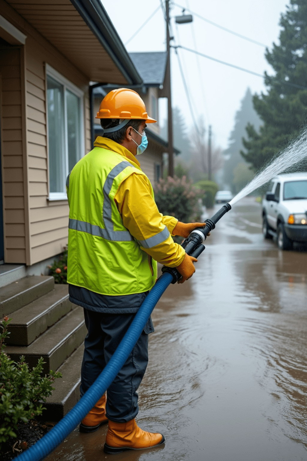 Worker removing flood water